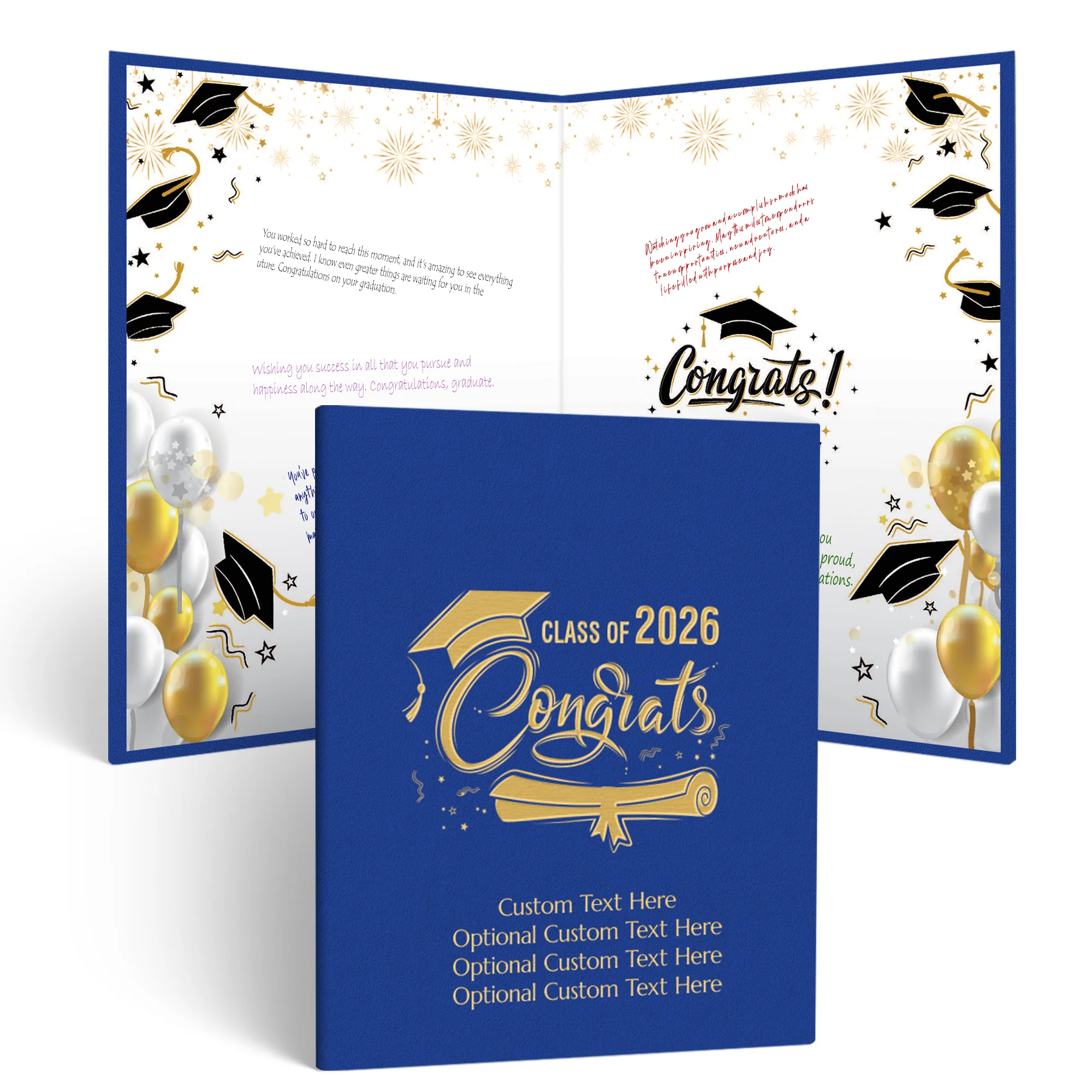 Blue PERSONALIZED ALTERNATIVE Graduation Guestbook with gold “Class of 2026 Congrats” design on the cover, displayed open with graduation caps, stars, and balloons inside for guests to write messages and signatures.